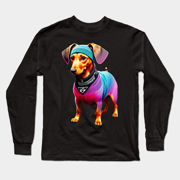 Cute Dachshund in Colorful Handmade Knitted Clothes and Headband Long Sleeve T-Shirt by fur-niche